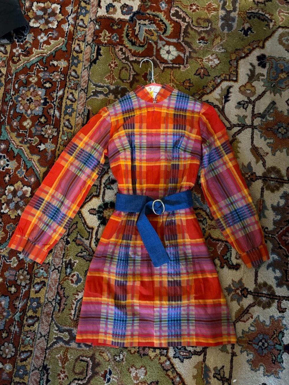 Vintage 70s Vicky Vaughn Junior Rainbow Plaid Belted Dress